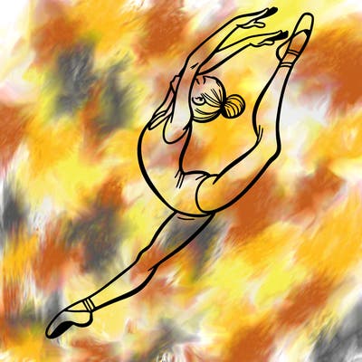 gymnast doing a leap in a leotard with a bent back leg