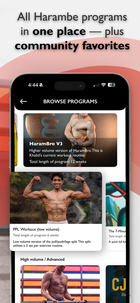 Harambe Fit - Harambe Fit app screen displaying various strength training and community workout programs.