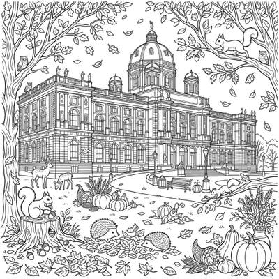 Immerse yourself in a beautiful fall scene featuring a magnificent art museum. This intricate coloring page combines architectural beauty with the cozy charm of autumn.