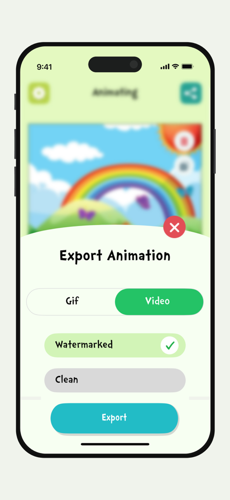 Ai Animation: Animate Drawings - Interfaz de la aplicación móvil que muestra opciones de exportación para un dibujo animado como GIF o Vídeo.