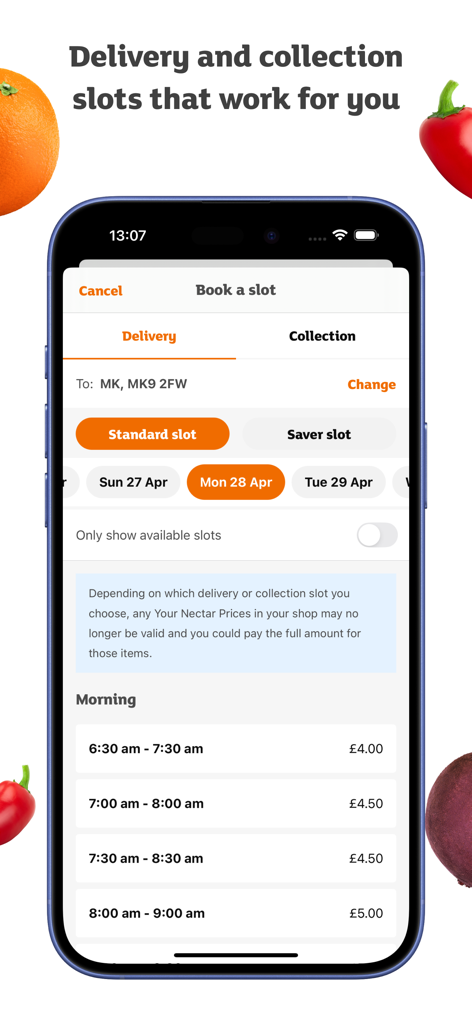 Sainsburys Groceries app screen for booking delivery and collection slots with listed times and prices