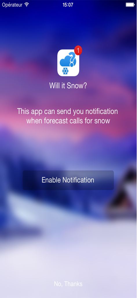 Will it Snow? PRO Notification - Pantalla de incorporación de la aplicación ¿Nevó? pidiendo al usuario que habilite las alertas y notificaciones de nieve