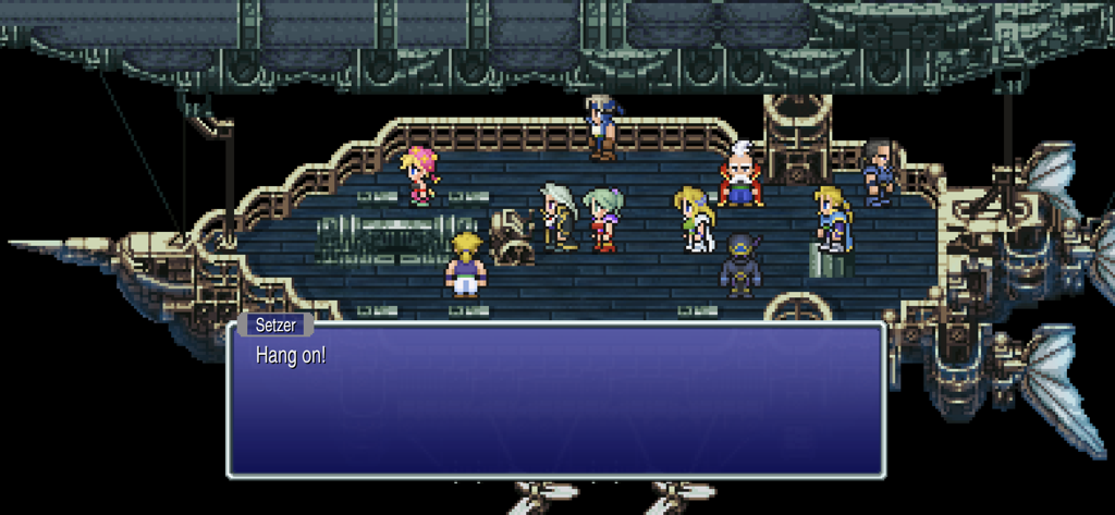 FINAL FANTASY VI - Eine Pixelgrafikszene, die die Hauptfiguren von Final Fantasy VI auf dem Deck eines Luftschiffs zeigt, mit einem Dialogfeld.