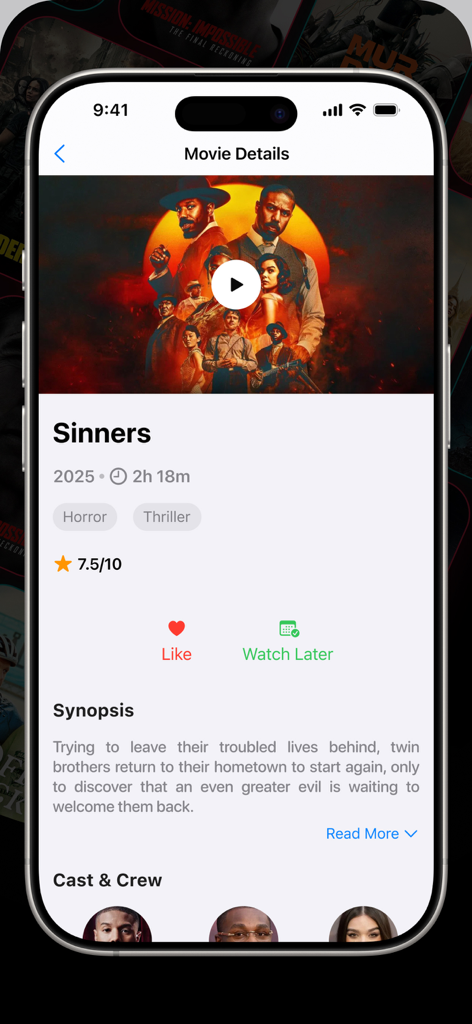 Un écran d'application mobile montrant les détails d'un film intitulé Sinners, y compris le genre, la note et le synopsis.