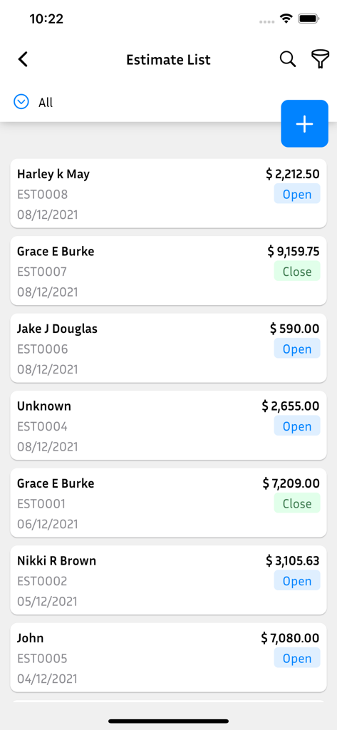 Easy Invoice & Estimate Maker - Mobile app screen showing a list of business estimates with client names, amounts, and project statuses.