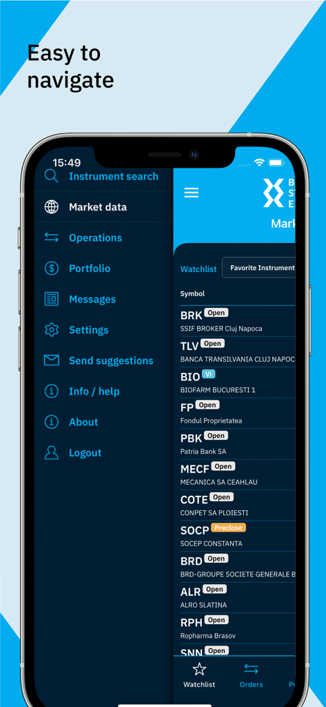 Application mobile BVB Trading montrant le menu de navigation latéral et la liste de surveillance des actions avec le statut du marché en temps réel