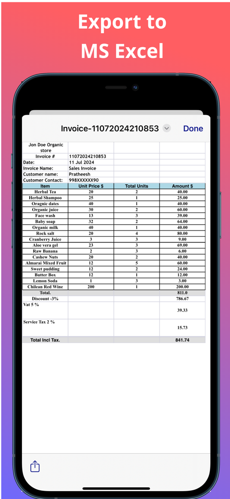 Un smartphone que muestra una factura de ventas detallada exportada al formato de Microsoft Excel.