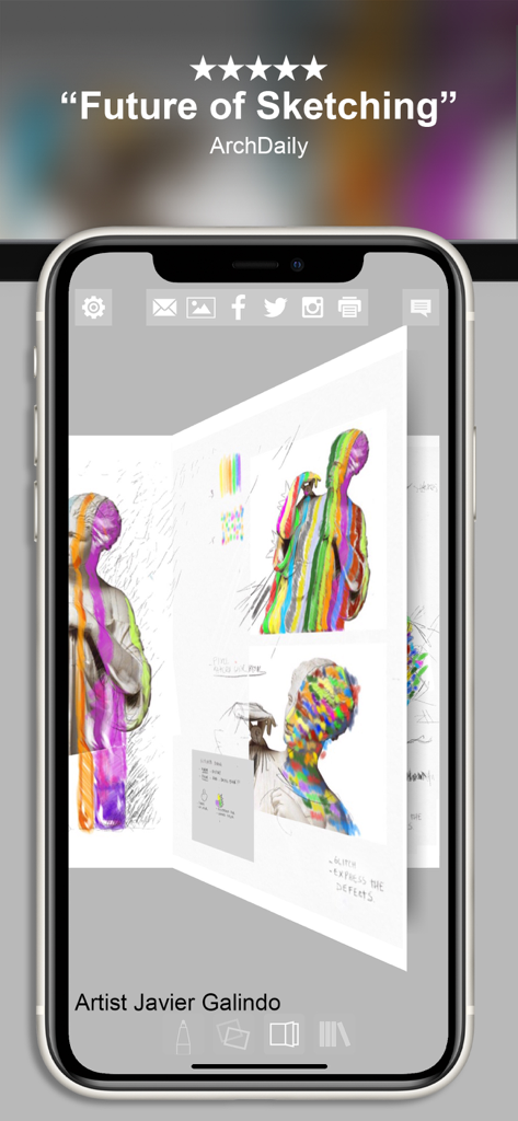 Morpholio Journal – Sketchbook - Morpholio Journal app showing digital sketchbook interface with colorful art on an iPhone screen