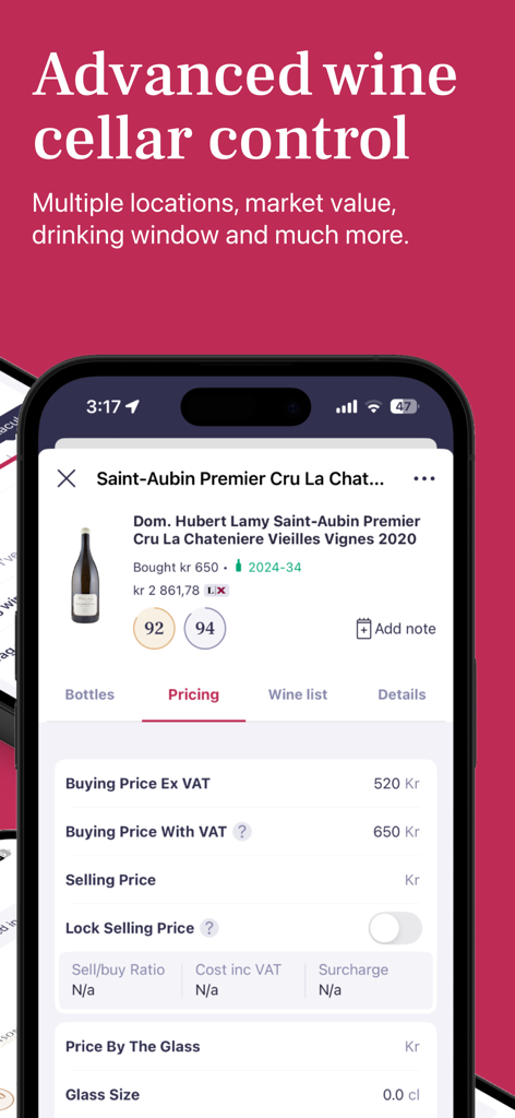 Vinify: Wine cellar & reviews - Vinify app screen showing wine cellar management with pricing details and market value tracking.