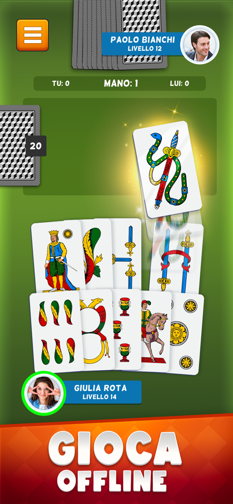 Una schermata di gioco di Tressette Online che mostra carte italiane tradizionali giocate in modalità offline.