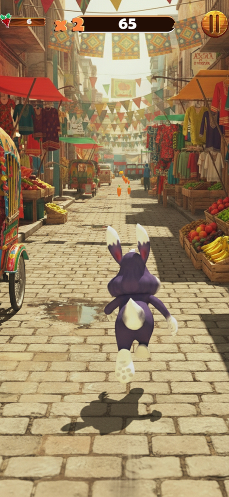 Bunny Street Runner Dash 3D - Purple bunny running down a vibrant Pakistani street market collecting carrots in a 3D dash game.