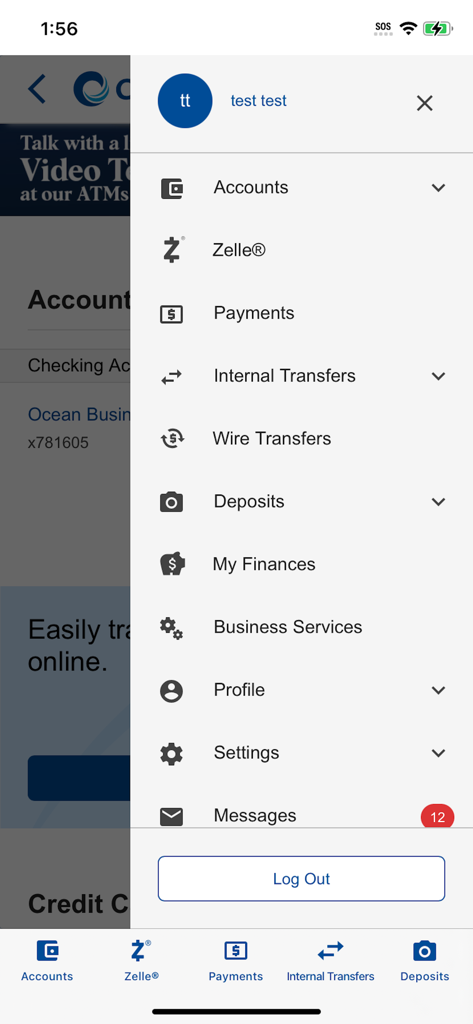 Side navigation menu of Ocean Bank mobile app featuring account management and transfer options