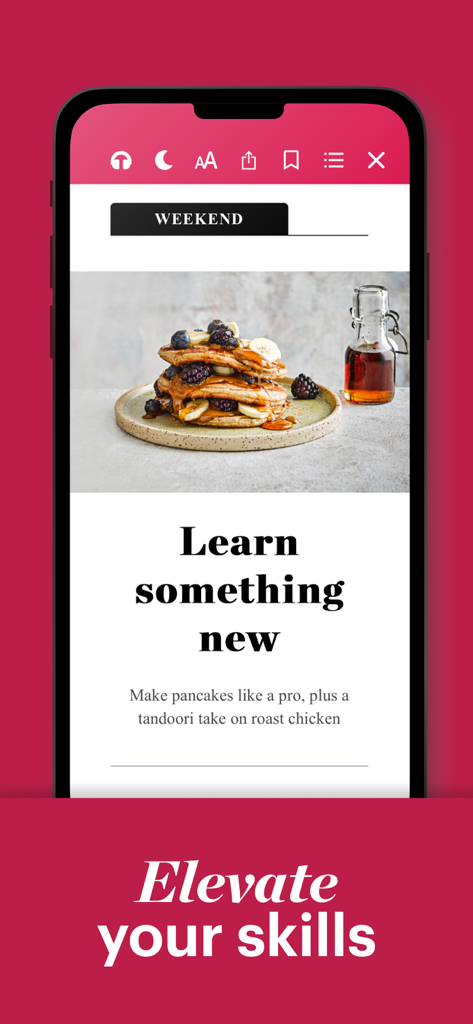 Capture d'écran de l'application Good Food Magazine montrant un article de recette de crêpes avec le titre "Apprenez quelque chose de nouveau"