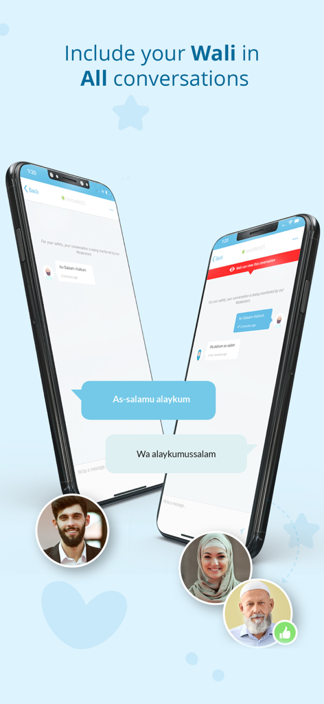Pure Matrimony - Pure Matrimony app screenshot showing the Wali integration feature in a chat conversation for safe and halal communication.