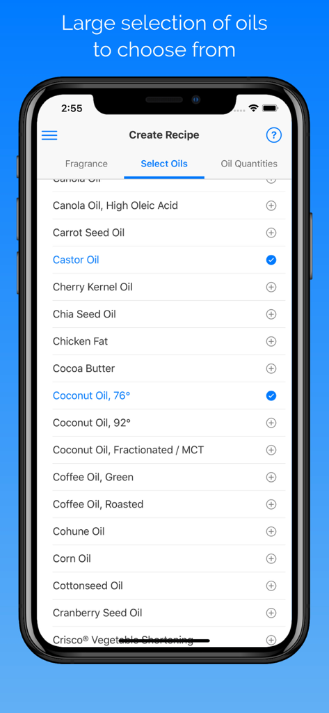 SaponiCalc app interface showing a list of oils to select for a handmade soap recipe