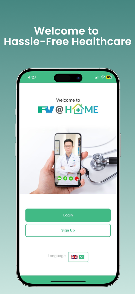 FV@Home - Welcome screen of the FV At Home telemedicine app showing a doctor video call on a smartphone.
