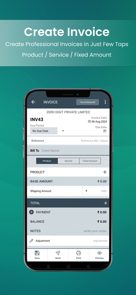 Interfaz de la aplicación móvil Uni Invoice mostrando el proceso para crear una factura empresarial profesional