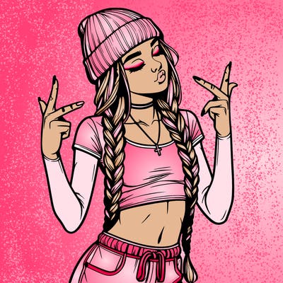 realistic teenage girl with braids and a beanie and crop top doing 🫶🏼