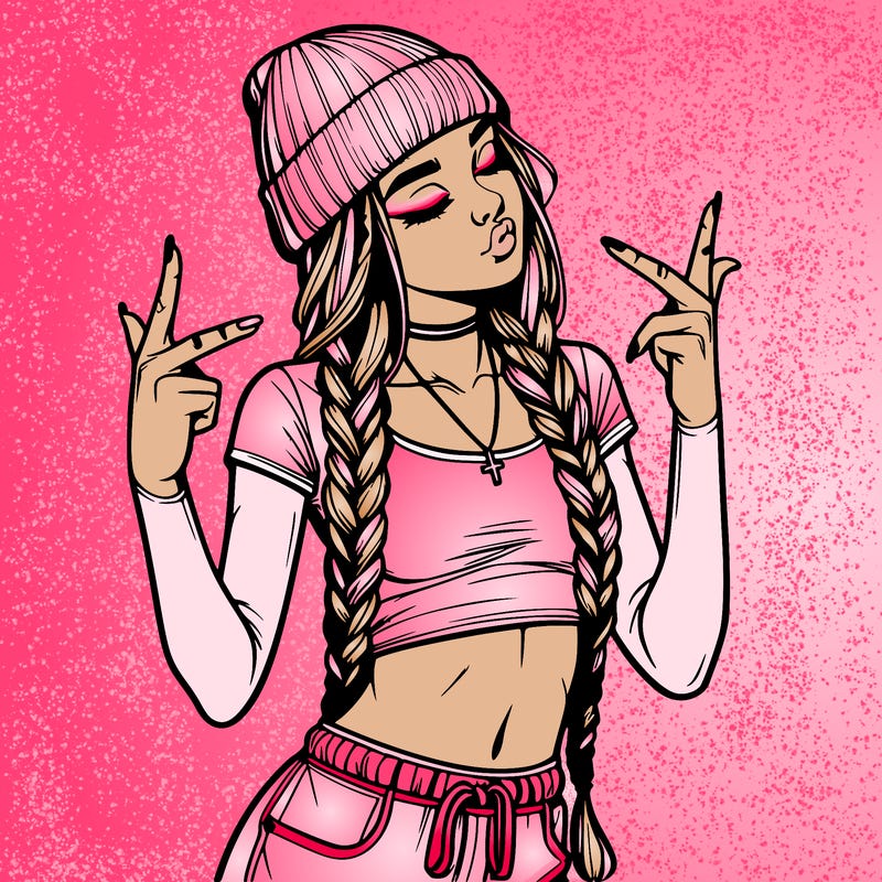 realistic teenage girl with braids and a beanie and crop top doing 🫶🏼
