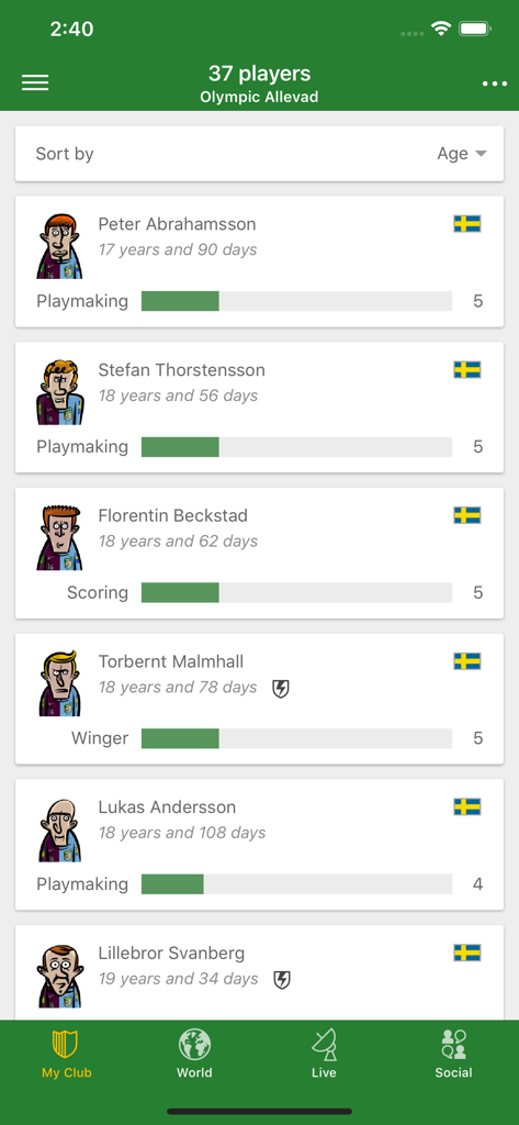 Hattrick Football Manager Game - Une liste de joueurs de soccer dans l'application Hattrick Football Manager montrant les noms, les âges et les notes de compétences
