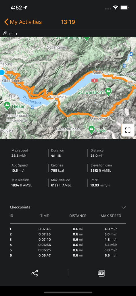 A detailed cycling activity screen showing a map route and performance metrics like speed and elevation.