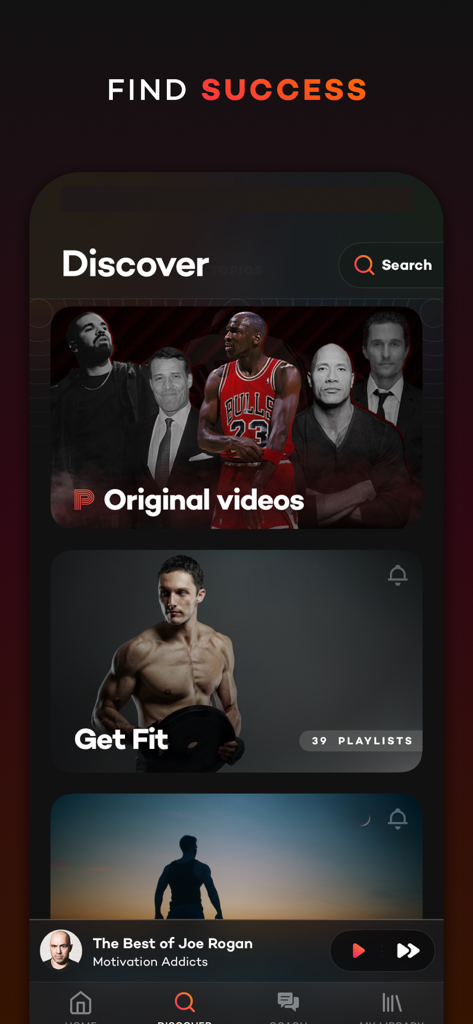 Motivation: daily Peptalk - Motivation daily Peptalk app discover screen featuring original videos and fitness playlists