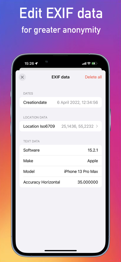 Video Upscaler 16K & Converter - 動画のプライバシーと匿名性のためのEXIFデータ編集を表示するインターフェース