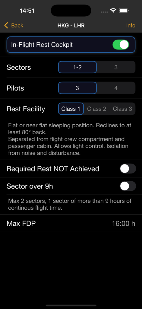 EASA FTL Calc - EASA FTL Calc app screen showing cockpit in-flight rest settings and maximum flight duty period calculation.