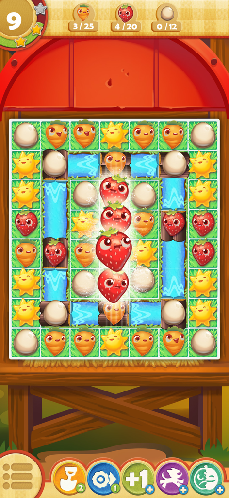 Captura de pantalla del juego de Farm Heroes Saga mostrando un puzzle de match-3 con adorables cropsies de fresa y zanahoria.