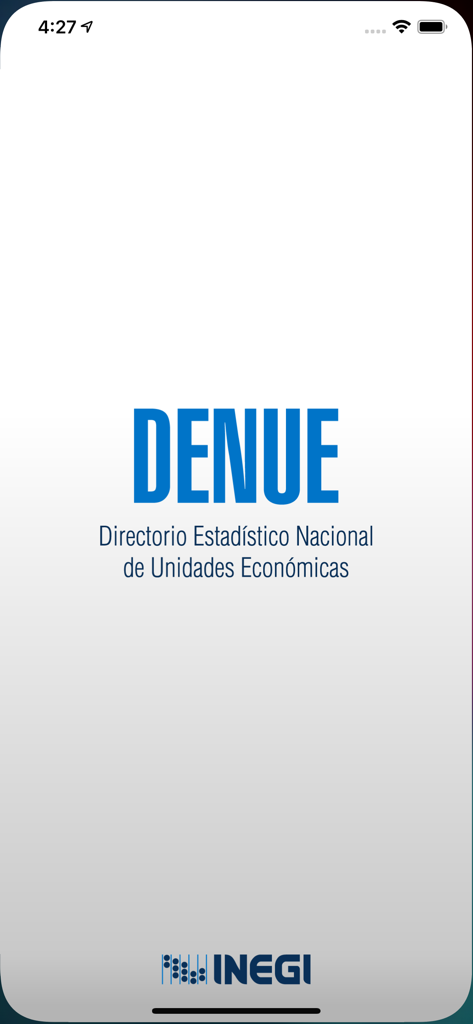 DENUE - DENUE app splash screen featuring the INEGI logo and full directory name.