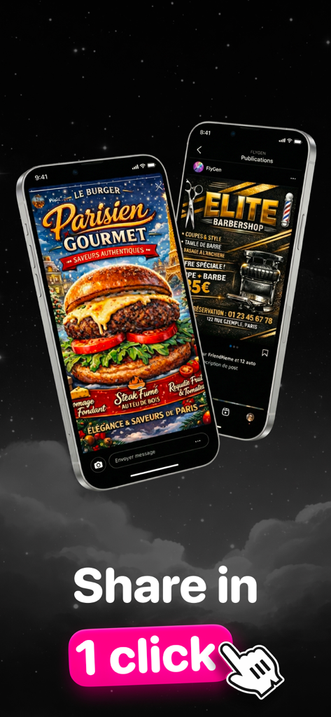 Dos iPhones mostrando flyers profesionales generados por IA para una tienda de hamburguesas gourmet y una barbería con una llamada a la acción de Compartir en 1 clic