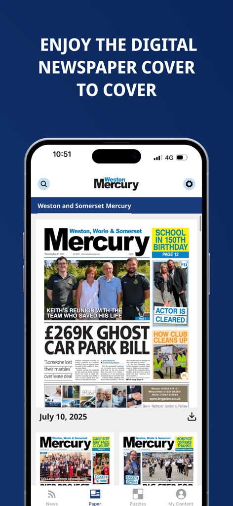 Smartphone screen displaying the Weston Mercury digital newspaper replica