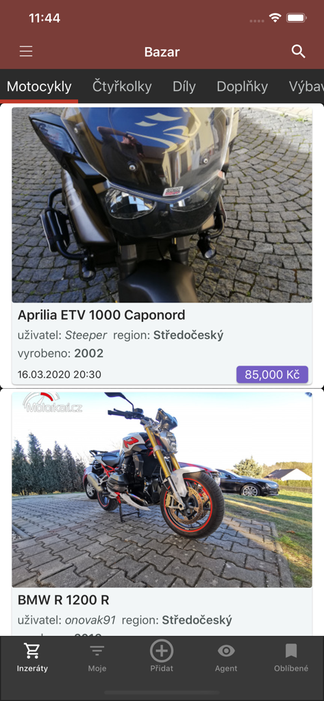 Motorkari.cz - The marketplace screen of the Motorkari.cz app showing classified ads for motorcycles.
