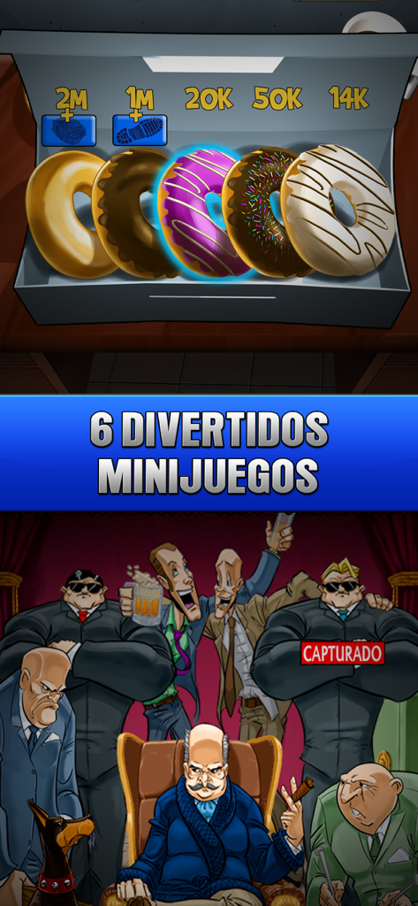 FBI Academy - Tragaperras Bar - Screenshot of FBI Academy slot app showing a donut-themed minigame with prizes and various cartoon characters.