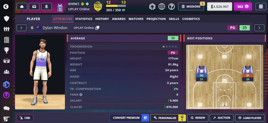 iBasket Manager 3 - iBasket Manager 3의 상세 선수 속성 및 통계 화면으로 농구 선수 프로필과 코트 포지션을 보여줍니다.