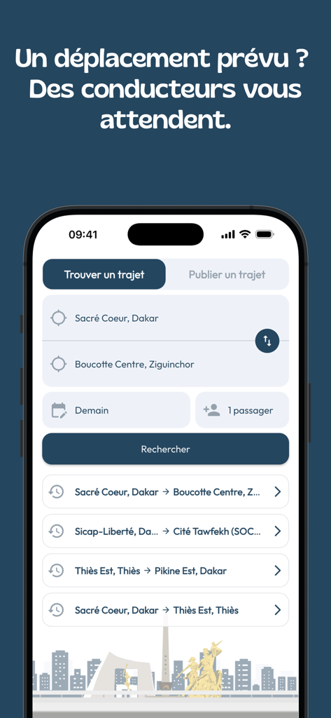 Klando - セネガルでのカープーリング旅行の検索画面を表示するKlandoアプリインターフェース