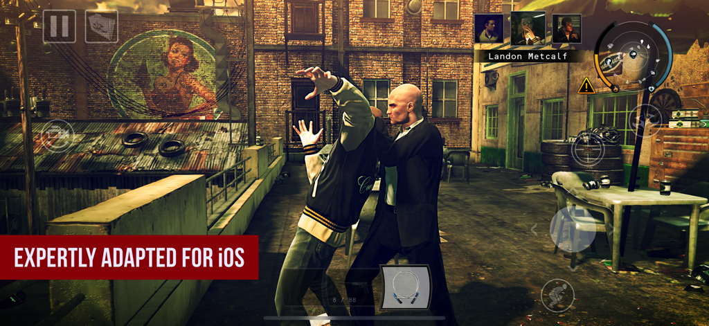 Hitman: Absolution - Agent 47 performing a stealth takedown on a rooftop in Hitman Absolution for iOS