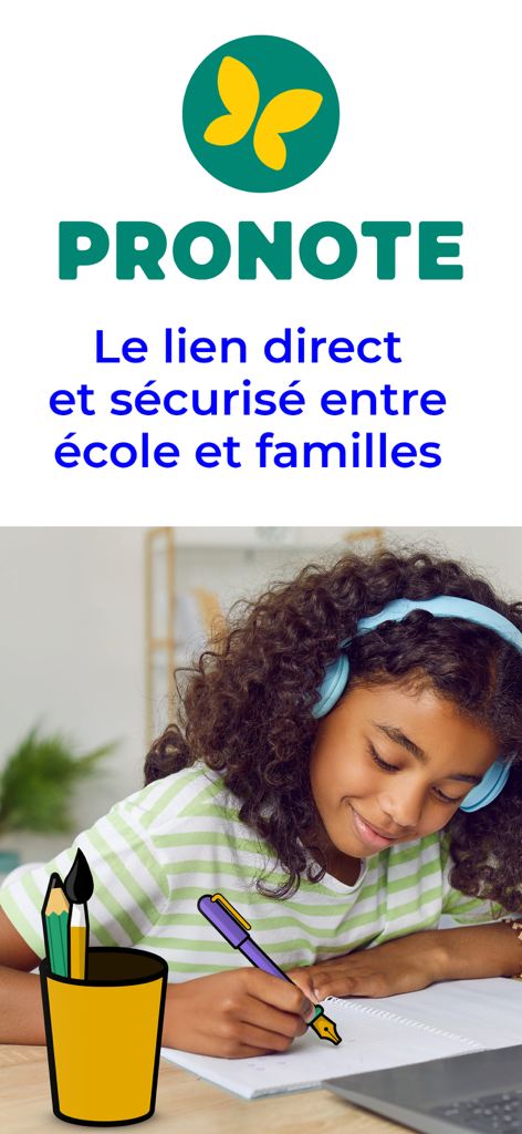 Logotipo y eslogan de la aplicación PRONOTE con un joven estudiante estudiando