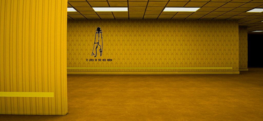 A yellow wallpapered corridor in the Backrooms featuring a tall entity drawing and the text It Lives in the Red Room