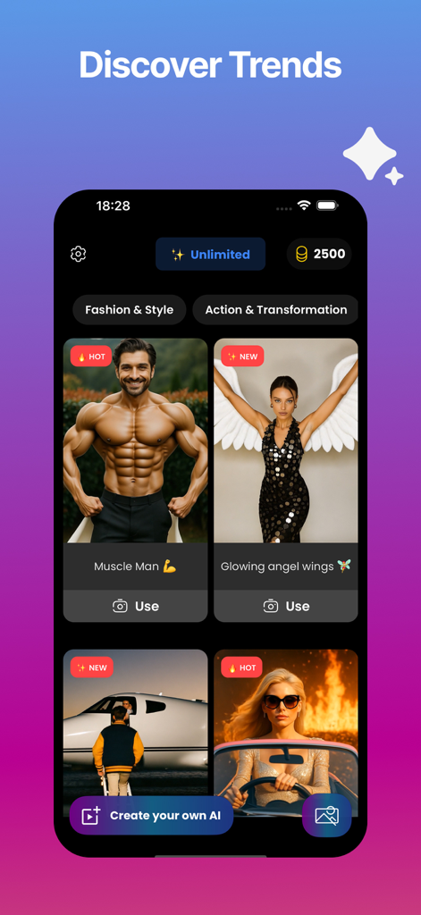Livensa - AI Picture to Video - Livensa app Discover Trends screen showcasing various AI transformation templates for images and videos.
