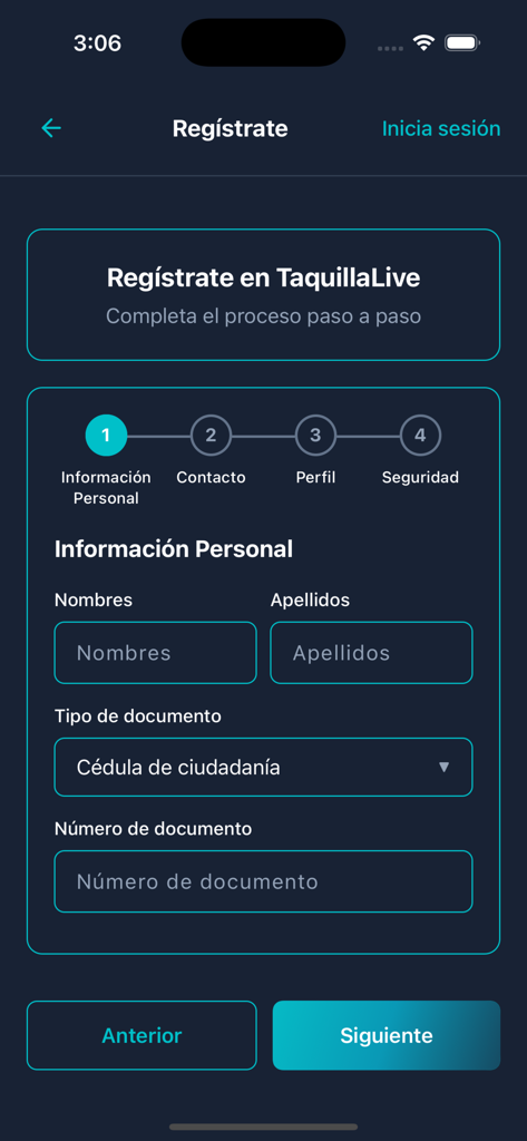 Taquillalive - Pantalla de registro de la aplicación Taquillalive que muestra el primer paso para ingresar información personal.
