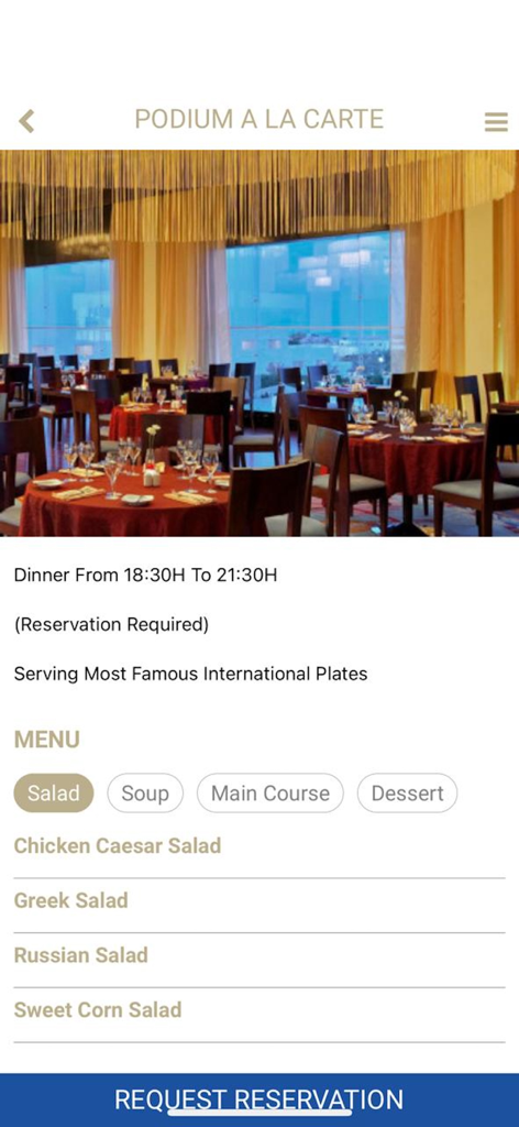 Menú y pantalla de reserva del restaurante Podium A La Carte en la aplicación Long Beach Resort