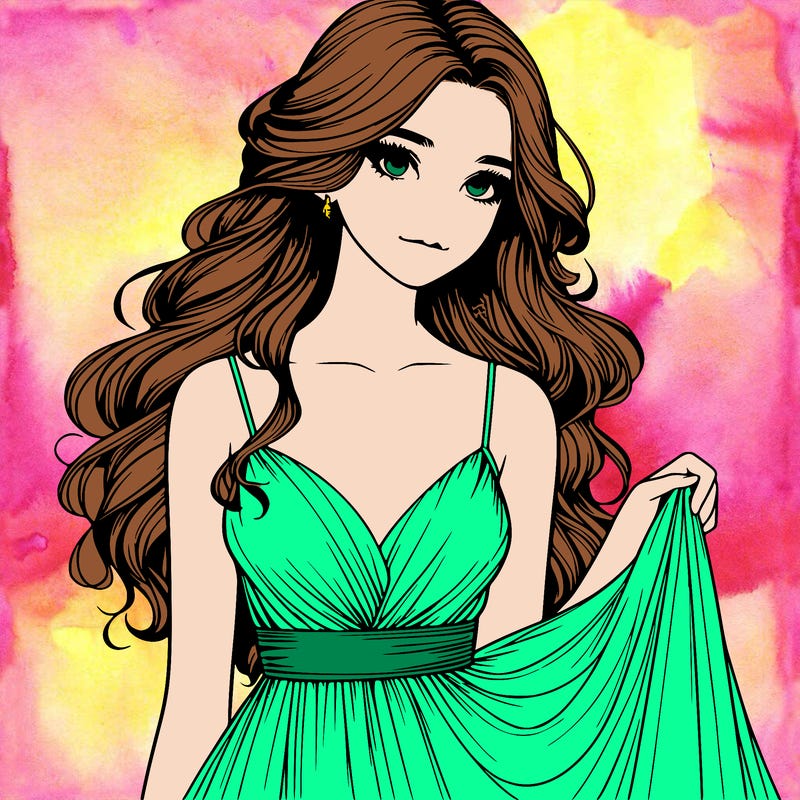 realistic girl in flowy silky prom dress