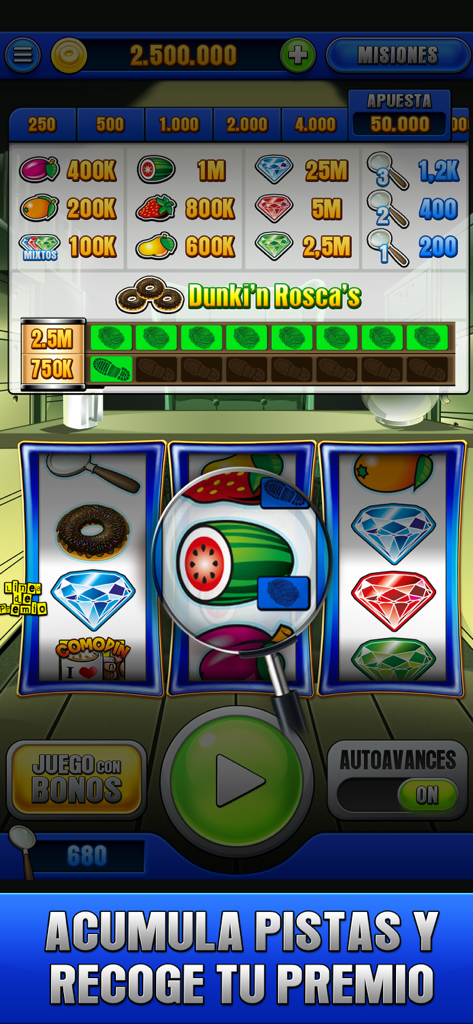 FBI Academy - Tragaperras Bar - Gameplay screen of FBI Academy - Tragaperras Bar showing a three-reel slot machine with detective-themed symbols and clues.