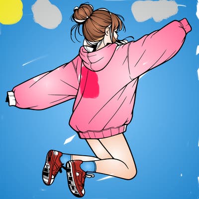 realistic girl jumping with a bun and oversized sweatshirt
