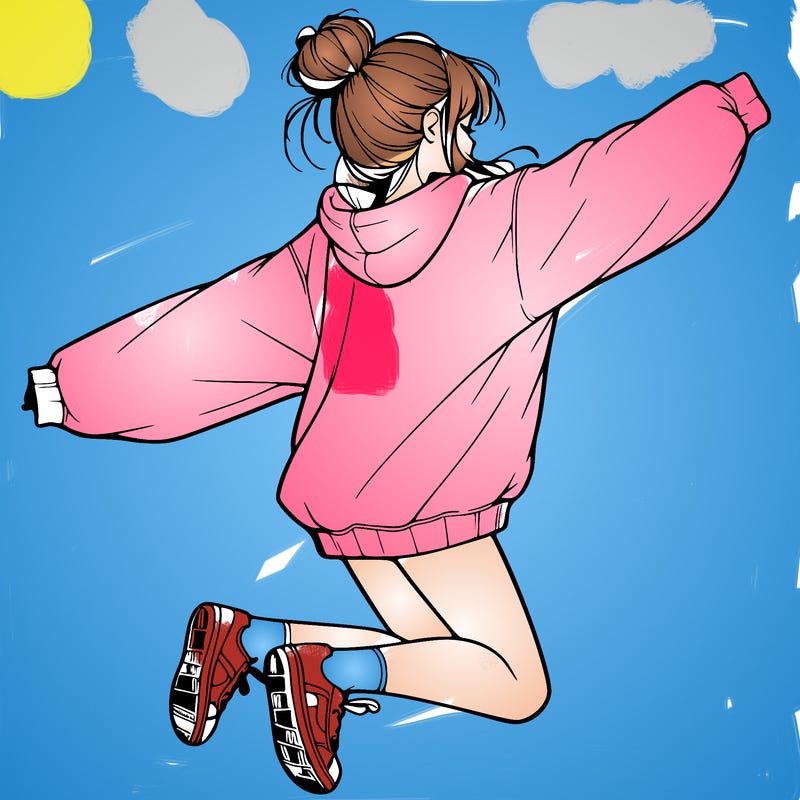 realistic girl jumping with a bun and oversized sweatshirt