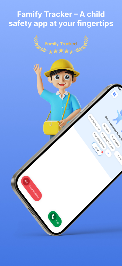Interface do aplicativo Famify Tracker mostrando recursos de segurança infantil como alarme SOS e mensagens rápidas