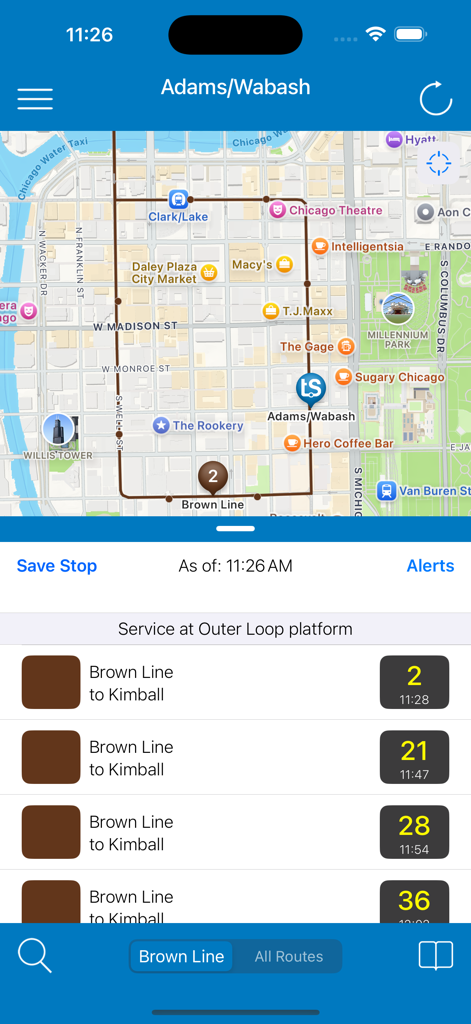 Transit Stop: CTA Tracker. - CTA Tracker app showing Chicago map and Brown Line train arrival times at Adams and Wabash stop