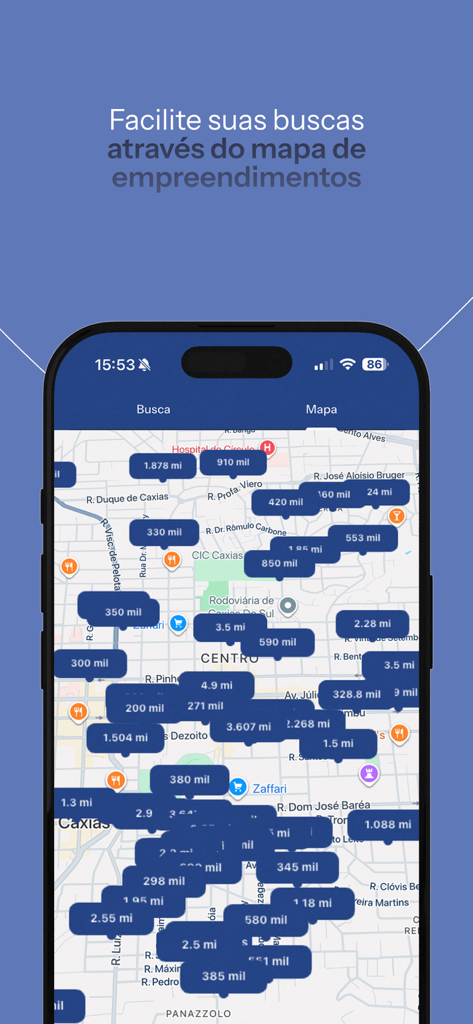 Bloco App - Captura de tela da interface do mapa do Bloco App mostrando desenvolvimentos imobiliários e etiquetas de preços em uma vista da cidade