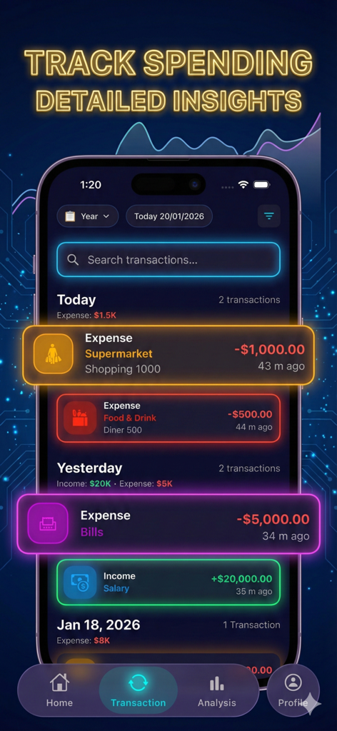 Moni AI: Expense Tracker - Una pantalla detallada del historial de transacciones de la aplicación Moni AI Expense Tracker con una interfaz de modo oscuro con temática de neón que incluye categorías para supermercado, comida y facturas.